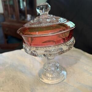 Kings Crown Thumbprint Ruby Red Cranberry Covered Compote Candy Dish Glass READ